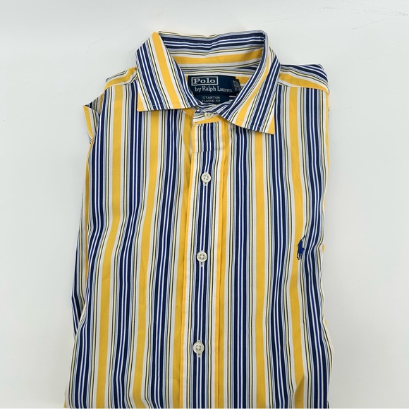 Vtg Polo Ralph Lauren Men's Medium Stanton Yellow Blue Striped Button Down Shirt - Picture 9 of 9